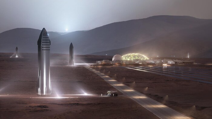 Illustration montrant des fusées et des habitations humaines à la surface de Mars.