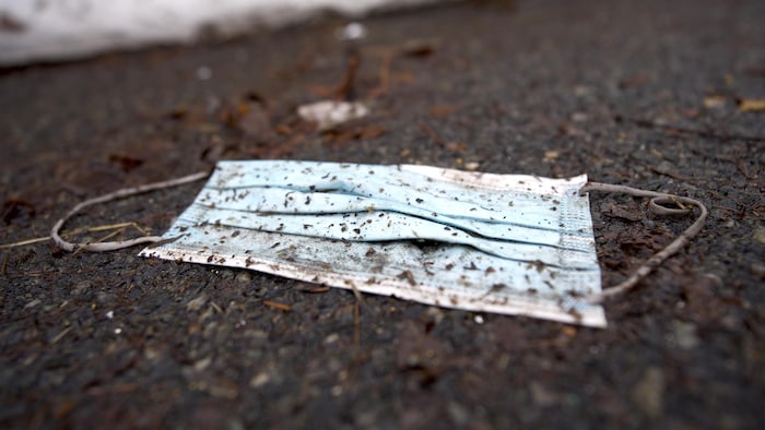 Un masque chirurgical laissé par terre sur l'asphalte avec des feuilles mortes.