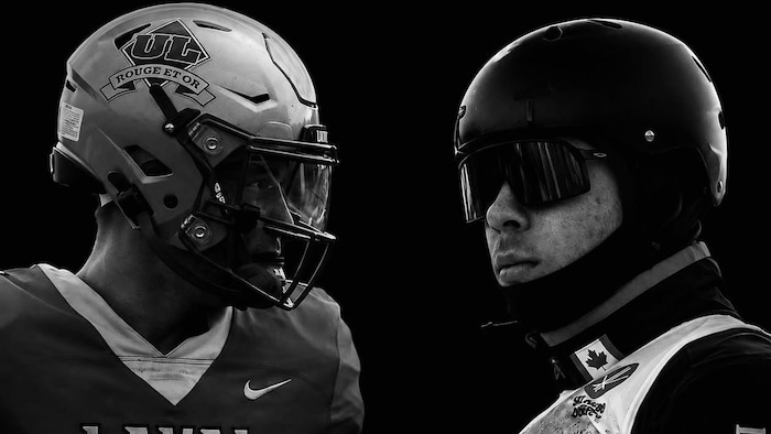 Montage photo en noir et blanc de deux photos de Bouchard en gros plan. À gauche, le joueur de football semble regarder le skieur acrobatique à sa droite.