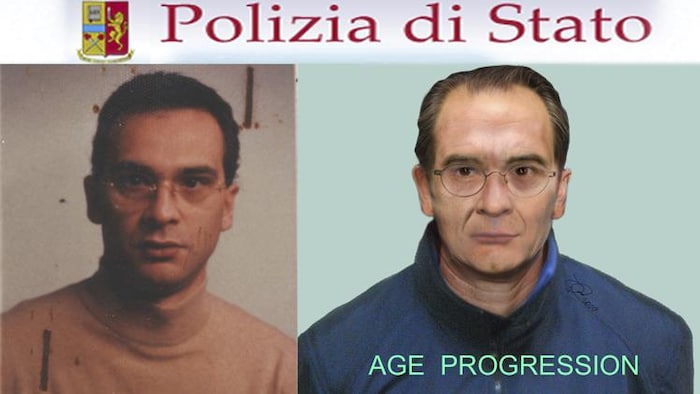 Messina Denaro, left, is shown as a younger man in an undated photo, alongside a computer-generated and aged image of the long-sought fugitive. 