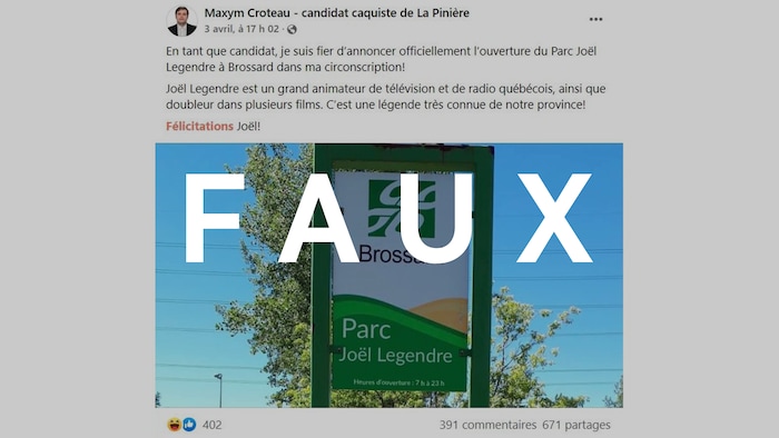 Une publication de Maxym Croteau annonçant l'ouverture du parc Joël-Legendre à Brossard. Le mot "FAUX" est superposé à l'image.