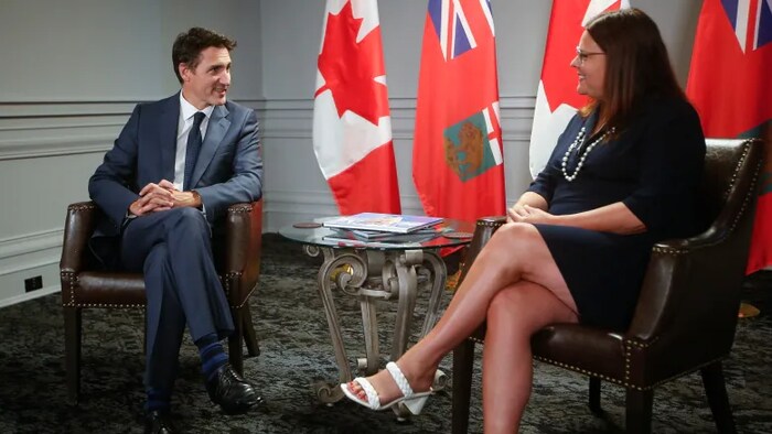 Prime Minister Justin Trudeau met with Manitoba Premier Heather Stefanson at the Fort Garry Hotel in Winnipeg on Thursday, Sept. 1, 2022. (John Woods/The Canadian Press)