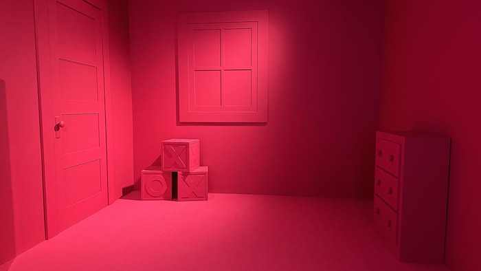 Une pièce dont les murs et les meubles sont entièrement roseate fuchsia, dans laquelle se trouvent une porte, une fenêtre, des blocs de jouets lettrés «XOX» et une commode.