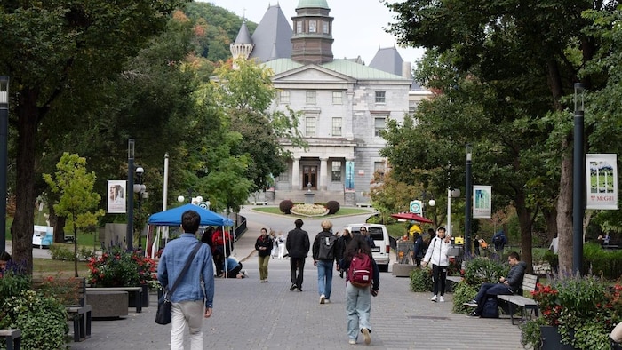 Des étudiants marchent vers le campus principal.