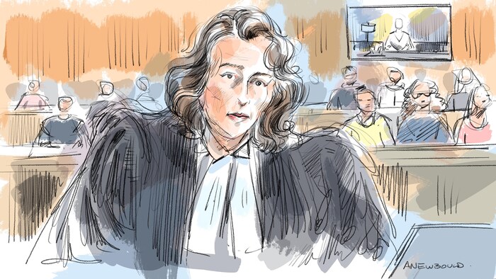 Un croquis de Megan Savard dans la salle d'audience du tribunal