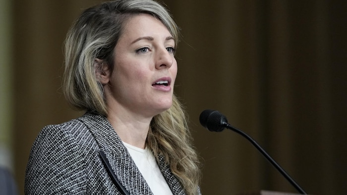 Mélanie Joly parle en point de presse.