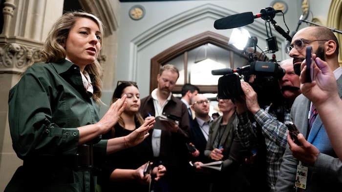 وزيرة الخارجية الكندية ميلاني جولي متحدثةً اليوم إلى الصحفيين في أحد أروقة البرلمان في أوتاوا.