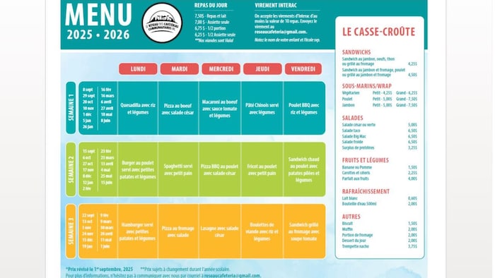 Menu d'école.