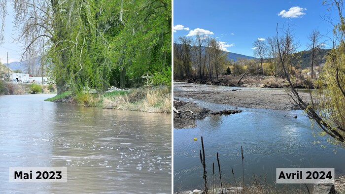 Montage photo avec la rivière proche de Meritt avec un niveau d'eau normal en mai 2023 et une autre avec un niveau d'eau bas, en avril 2024.