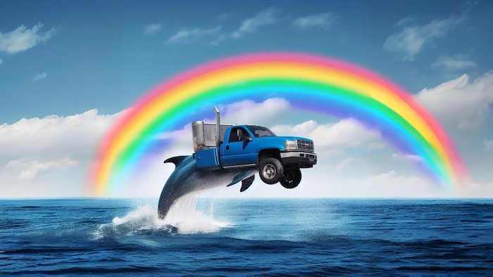 Un camion-dauphin sort de l'eau, devant un arc-en-ciel. 