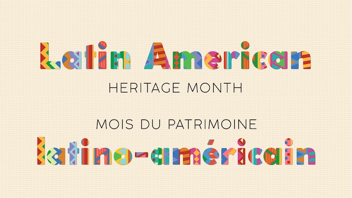 Une bannière virtuelle qui annonce le Mois du patrimoine latino-américain dans les deux langues officielles du Canada.