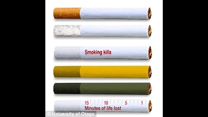 Quelques exemples de messages ou de couleurs censés dissuader les fumeurs, proposés par l'Université d'Otago, en Nouvelle-Zélande.