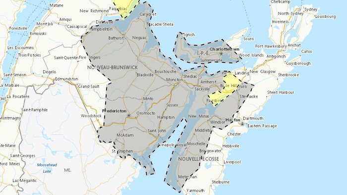 Une carte des zones touchées par la tempête dans les Maritimes. 