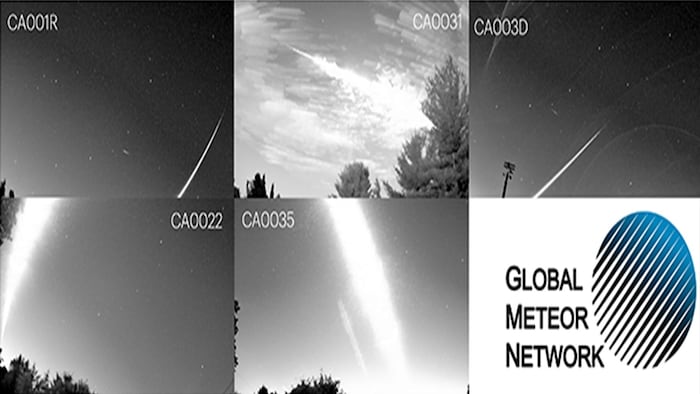 Images of surveillance cameras showing a white line in a dark sky.