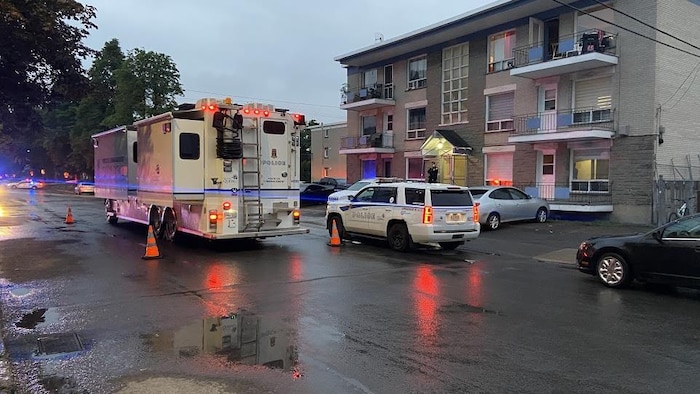 Des véhicules du Service de police de la Ville de Québec sur une scène de crime.