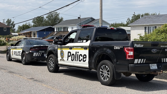 Deux véhicules policiers sont stationnés dans la rue. 