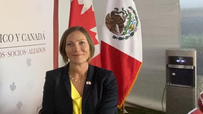 Elle est devant des drapeaux du Mexique et du Canada.