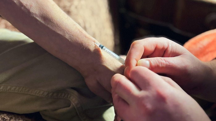 Plan serré d'une main qui administre une injection de méthamphétamine dans un bras.