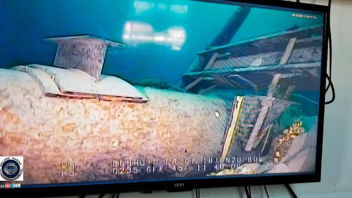 A television screen provided by the Michigan Department of Environment, Great Lakes and Energy shows damage to anchor support on the east leg of the Enbridge Line 5 pipeline within the Straits of Mackinac.