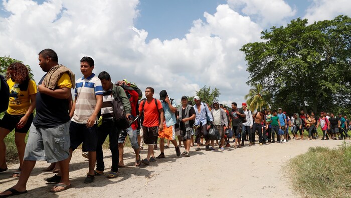 Une longue file de personnes marchent sous le soleil.