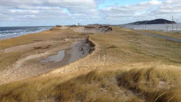 Des dunes avec les bâtiments de Mines Seleine derriere.