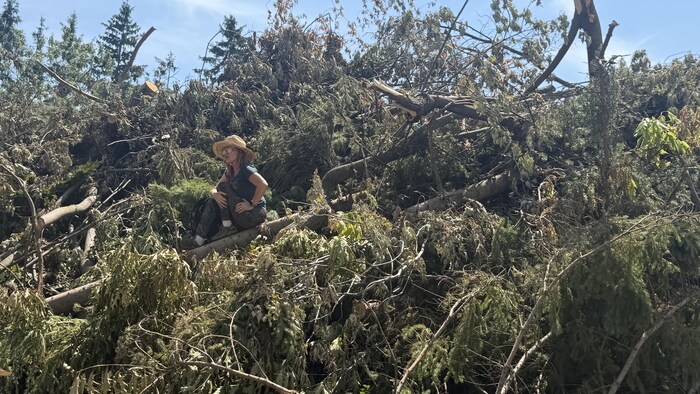Une femme sur un tas de branches coupées
