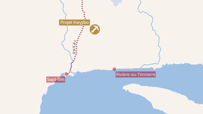 Une carte montrant l'emplacement de Sept-Îles, de Rivière-au-Tonnerre et de la mine Kwyjibo.