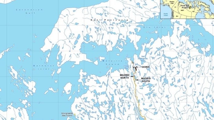 Une carte montrant le site de la mine d'or Doris North, au Nunavut.