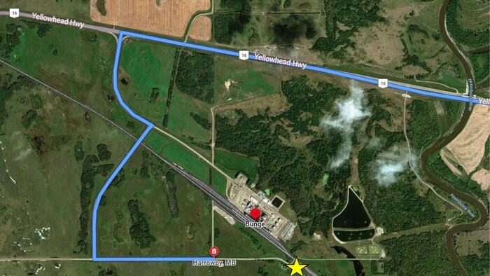 Carte géographique qui montre l'emplacement de la mine de PADCOM à Harrowby, au Manitoba.