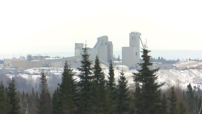Les installations de la mine Westwood vues de loin, avec des épinettes noires au-devant.