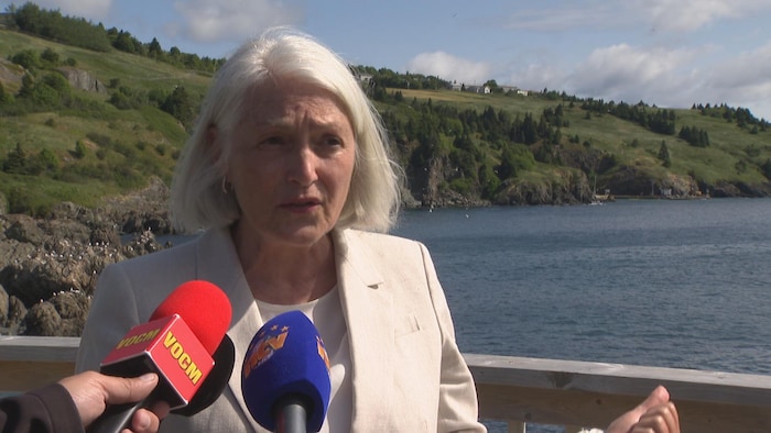 Le ministre Joanne Thompson en mêlée de presse surplombant le quai de Torbay.