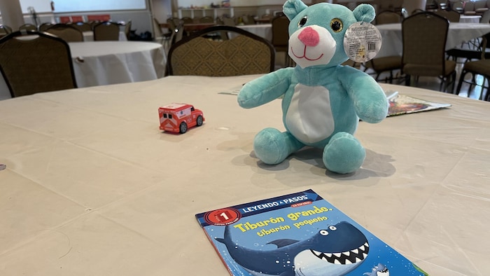 Des jouets et un livre sont disposés sur une table.