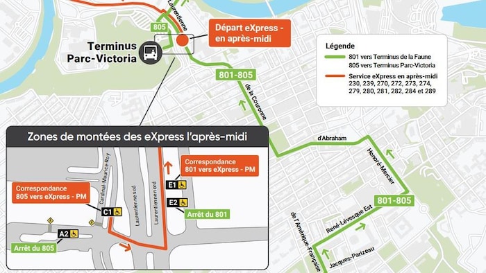 Une carte d'un parcours des Métrobus 801 et 805 et de la fin des parcours Express au terminus Parc-Victoria où les usagers pourront prendre une correspondance.