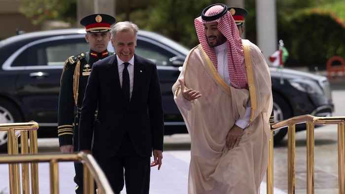 Le prince saoudien Mohammed Ben Salman discute en souriant avec Mark Carney.