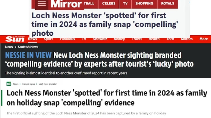 Un montage de titre d'articles, en anglais, venant de tabloïds britanniques sur le monstre du Loch Ness.