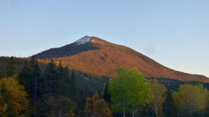 Un sommet de montagne reçoit les dernières lueurs du jour. Il y a plusieurs arbres qui le bordent.