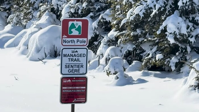 Une affiche indiquant le mont North Pole, près d'arbres enneigés.