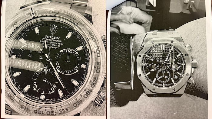 Des photographies déposées en preuve de montres de luxe qui auraient été achetées par Nicolas Tremblay.