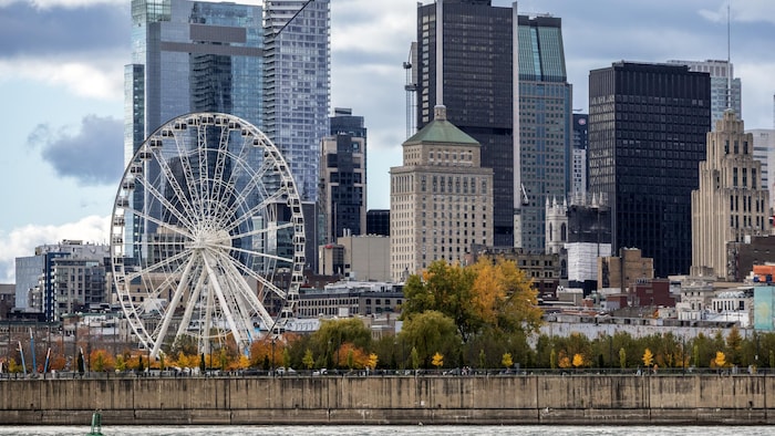 Vue du Vieux-Montréal et de la silhouette du centre-ville depuis l'île Sainte-Hélène, Montréal, Canada.