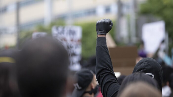 Un manifestant de dos avec le poing gauche levé et dans un gant noir.
