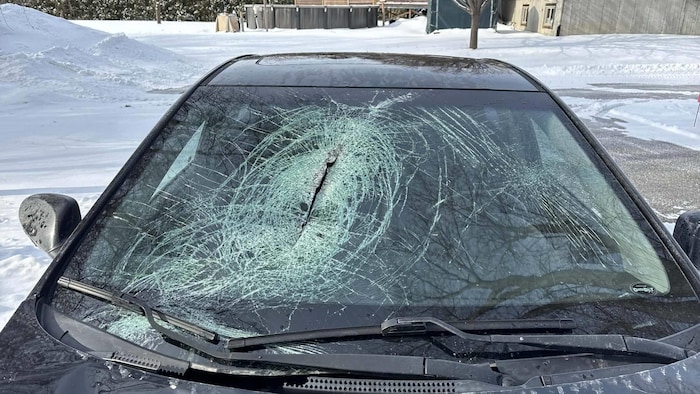 Un pare-brise fracassé par un morceau de glace.