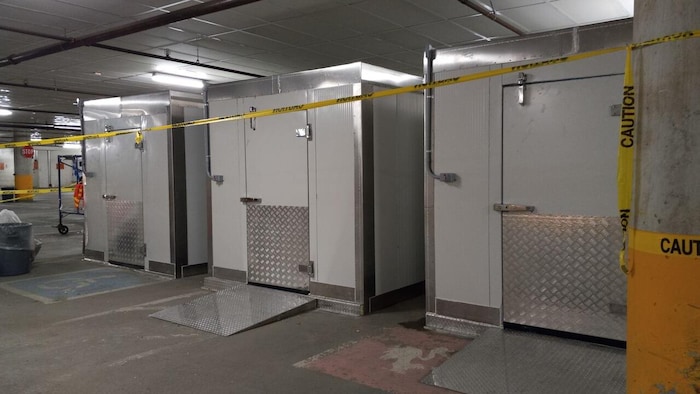 Trois conteneurs réfrigérés dans un stationnement.