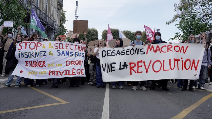 Des élèves français brandissent des bannières.
