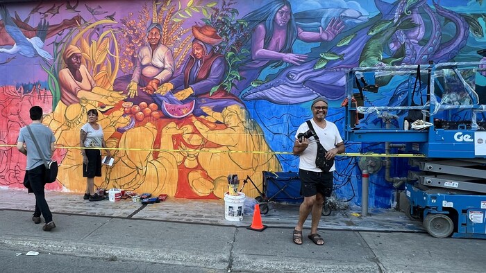 Des personnes devant une murale