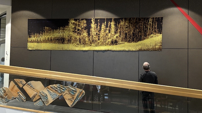 Un homme regarde une tapisserie.