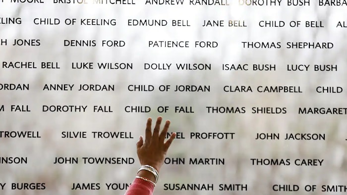 Une main sur un mur recouvert de noms.