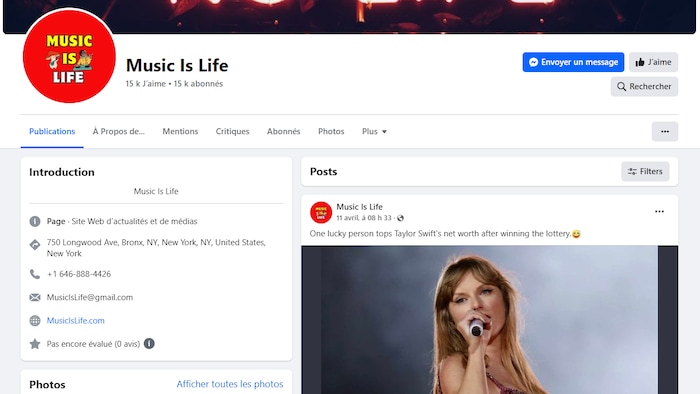 Capture d'écran d'une page Facebook nommée «Music is Life», qui diffuse un article sur Taylor Swift.