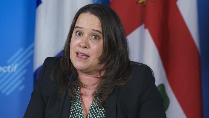 Mylène Drouin parle dans un micro devant un drapeau de Montréal.