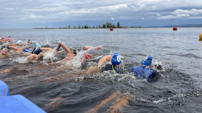 Des personnes nagent dans un lac. 