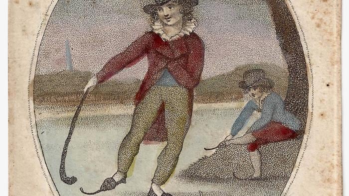 Illustration d'un homme qui patine en tenant un bâton d'une main.  Une autre personne est assise et semble mettre des patins.